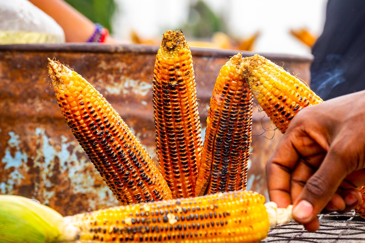 Close-up of charred corn being grilled and handled by a street vendor in Lagos, Nigeria.