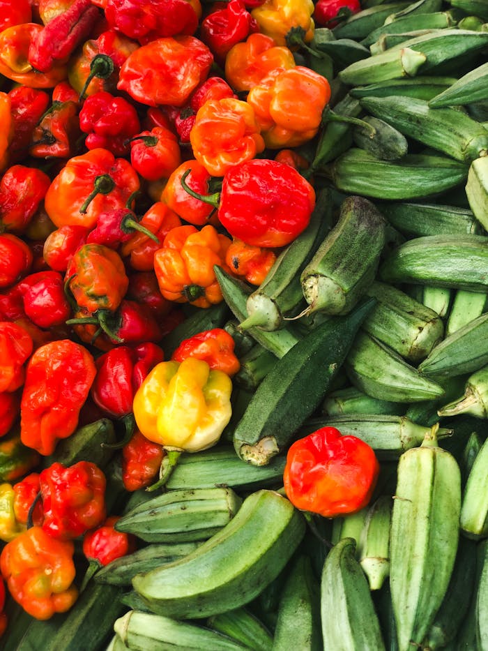 services-05 Colorful array of red peppers and green okra at a Nigerian market, highlighting freshness and abundance.